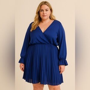 Blue Pleated Wrap Sundress with Bishop Sleeves